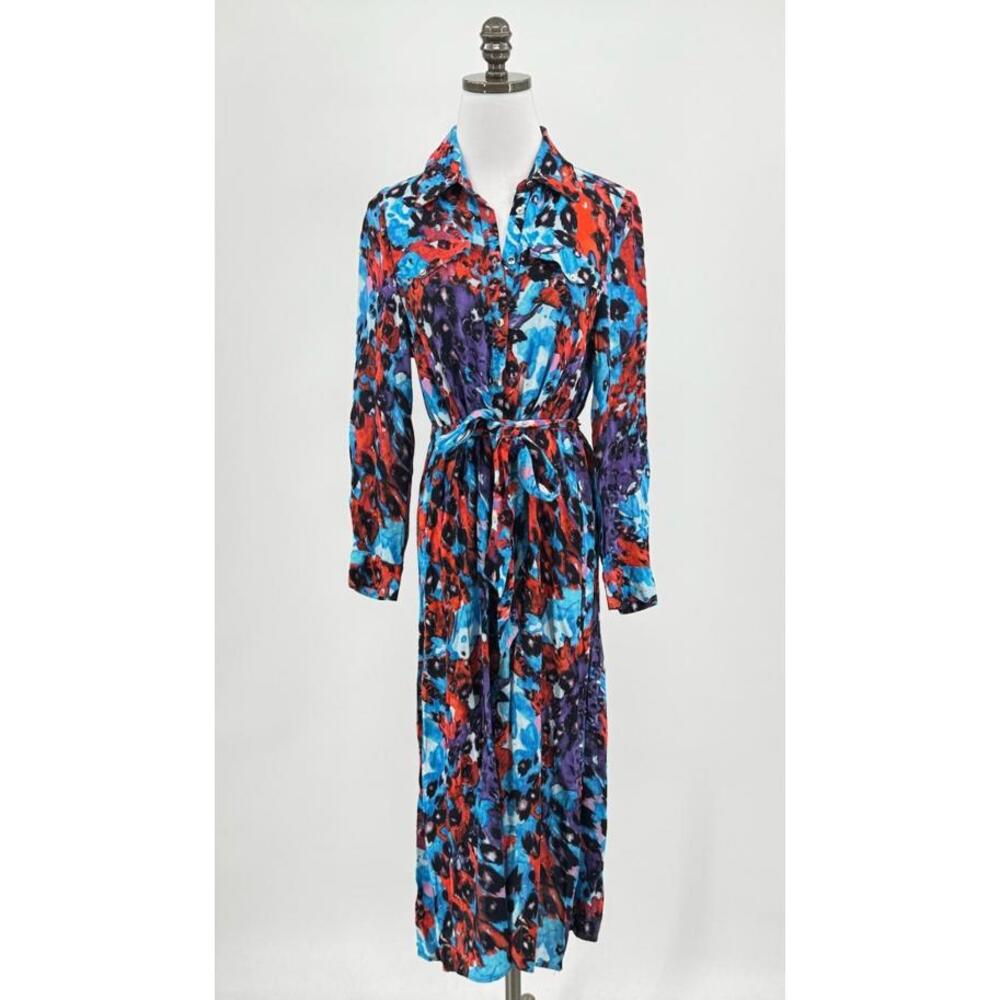 Karen Millen Petite Blue Red Print Collared Belted Button Front Shirt Dress Sz 6 - Picture 1 of 6